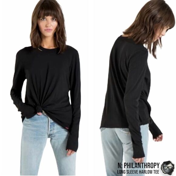 N:PHILANTHROPY LONG SLEEVE HARLOW BFF TEE SHIRT IN BLACK CAT CUT OUT NECK BAND - Picture 11 of 12
